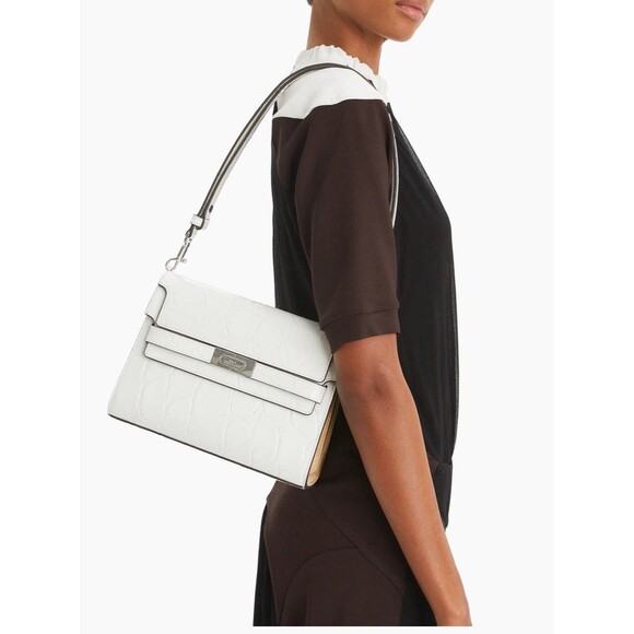 Tory Burch Lee Radziwill Croc-embossed Leather Shoulder Bag Blanc White New $949 - Picture 3 of 11